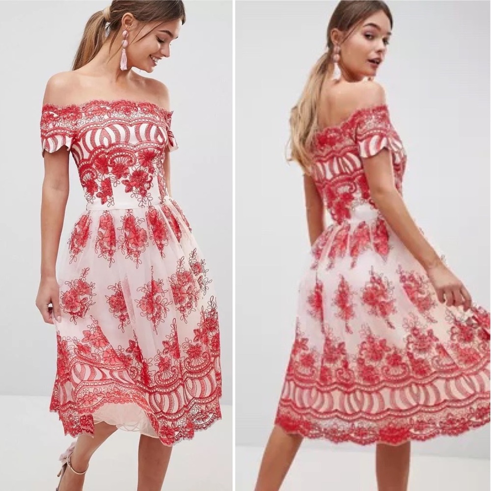 Chi Chi London Addy Red Embroidered Dress